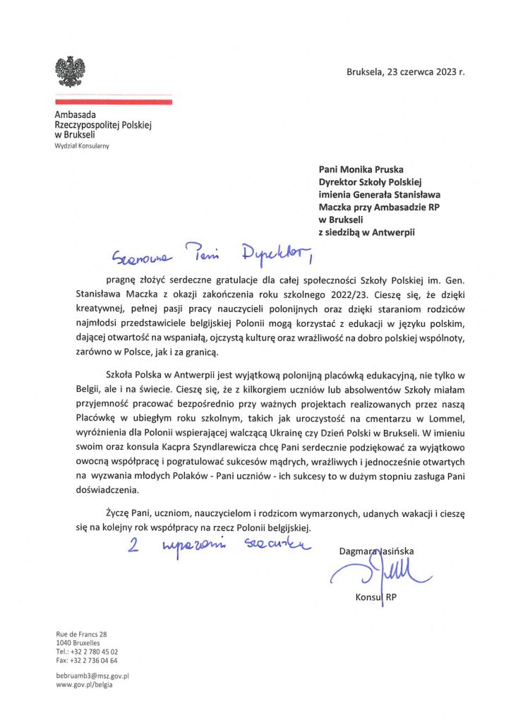 Gratulacje od Pani Konsul RP Dagmary Jasińskiej z okazji zakończenia roku szkolnego 2022/2023.
