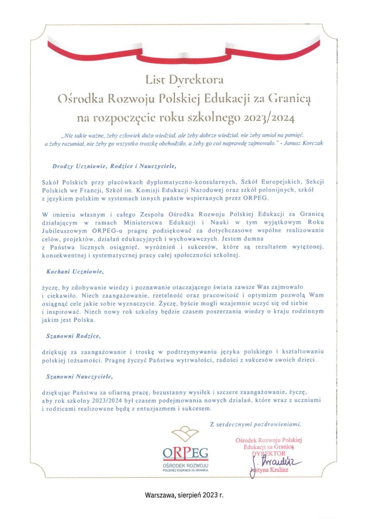 List Dyrektora ORPEG z okazji rozpoczęcia roku szkolnego 2023/2024