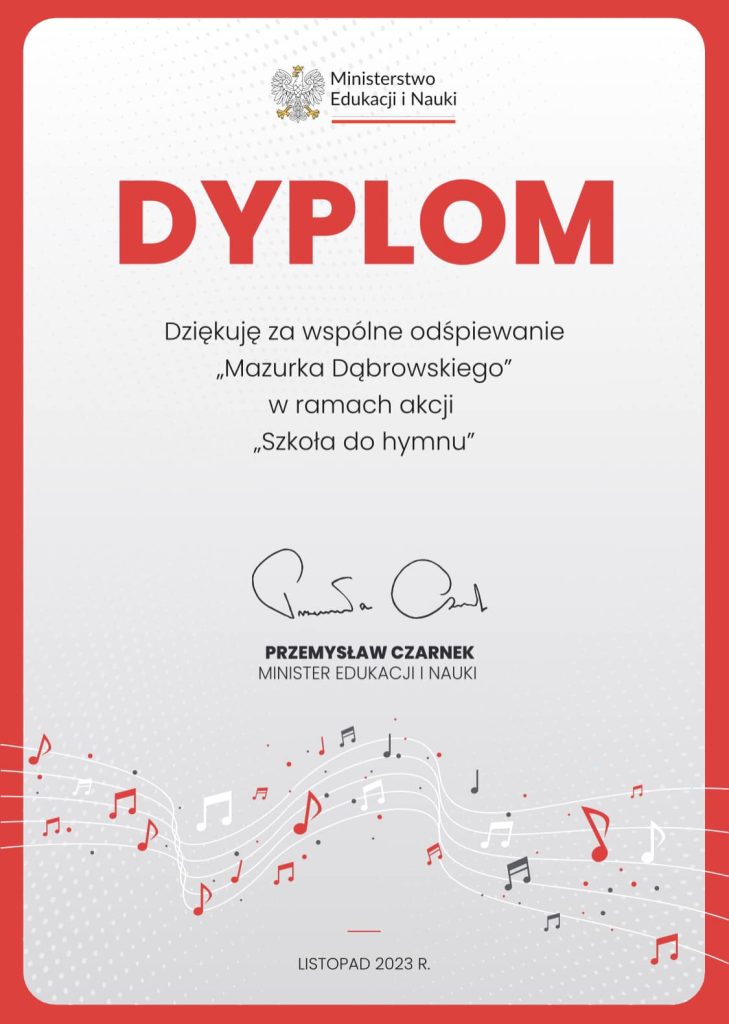 Dyplom uznania za udział w akcji: Szkoła do Hymnu.