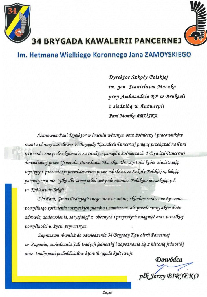 Podziękowania od Dowódcy 34 Brygady Kawalerii Pancernej płk Jerzego Biryłko